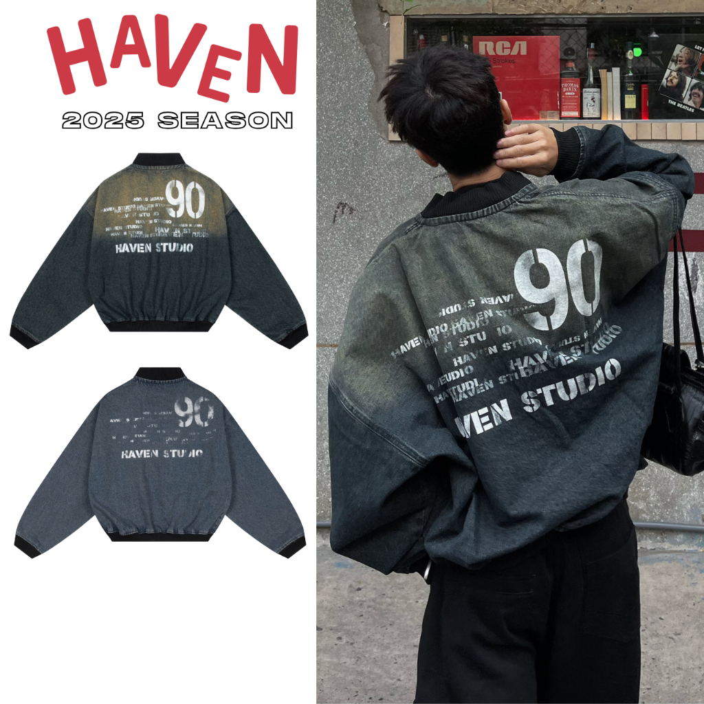 Haven Studio Jeans Bomber Jacket Loose Form Washed Jeans for Men and Women Streetwear Style มีให้เลื