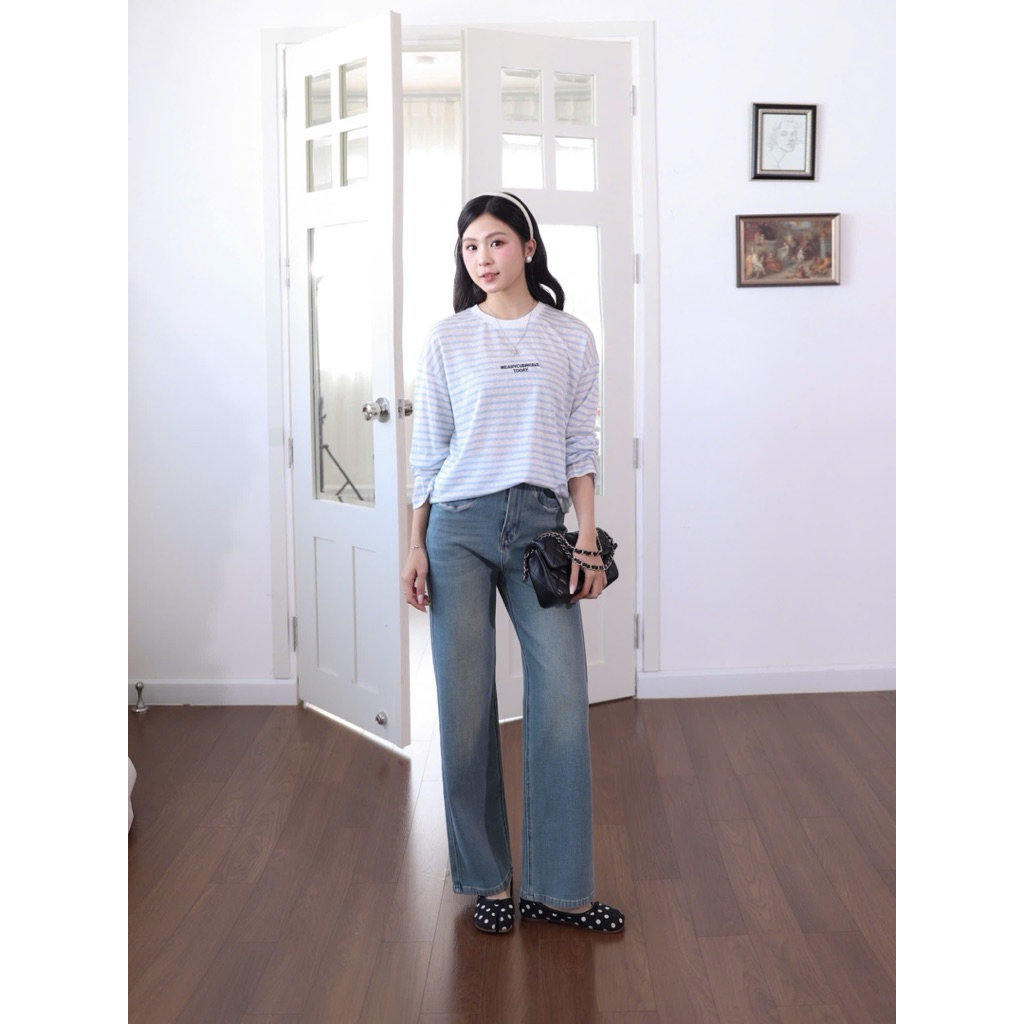LIN CLOSET [QDL195] กางเกงยีนส์ขาตรง 9 นิ้ว สไตล์เกาหลี - DECEMBER COLLECTION