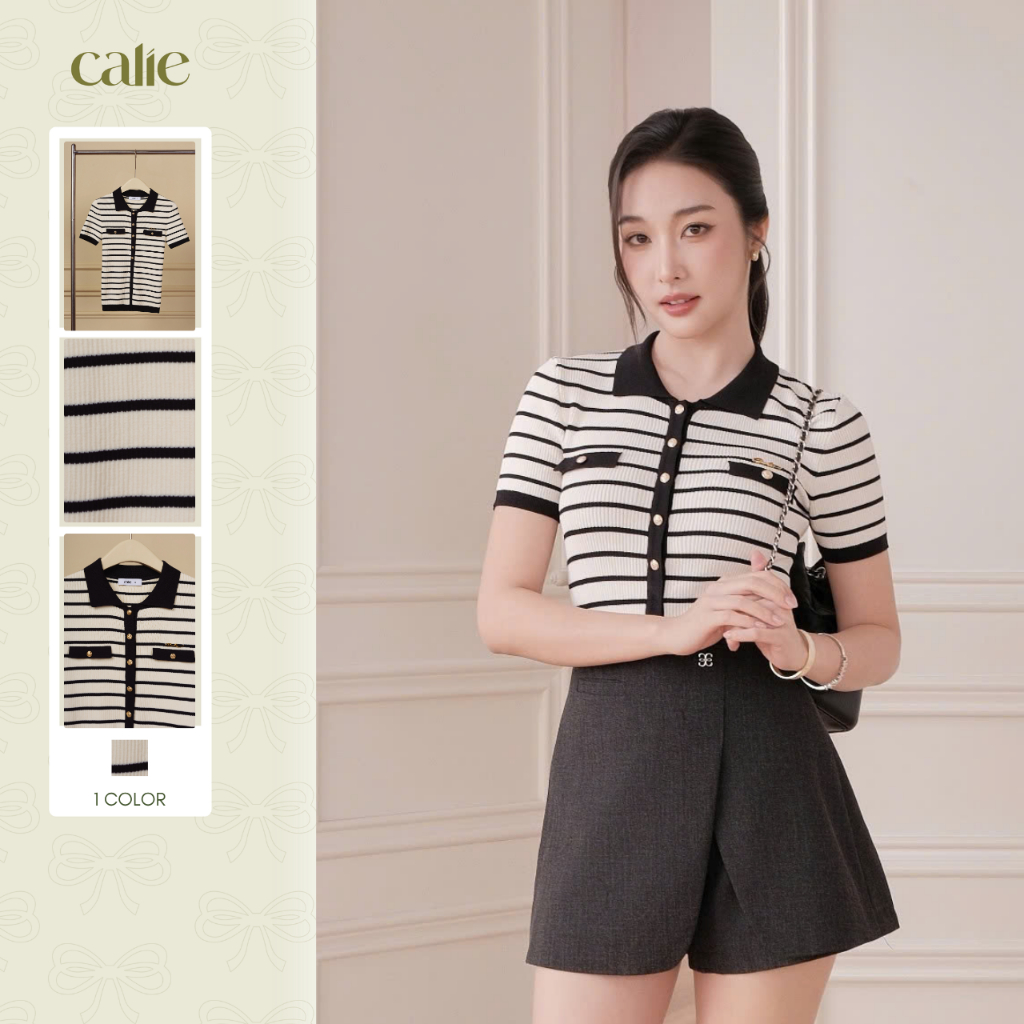 (The Upwind Kite) เสื้อถักลายทางสีขาวและสีดํา 2 ปกและคอปก เนื้อเรียบโปร่งสบาย Calie AF202 แฟชั่น