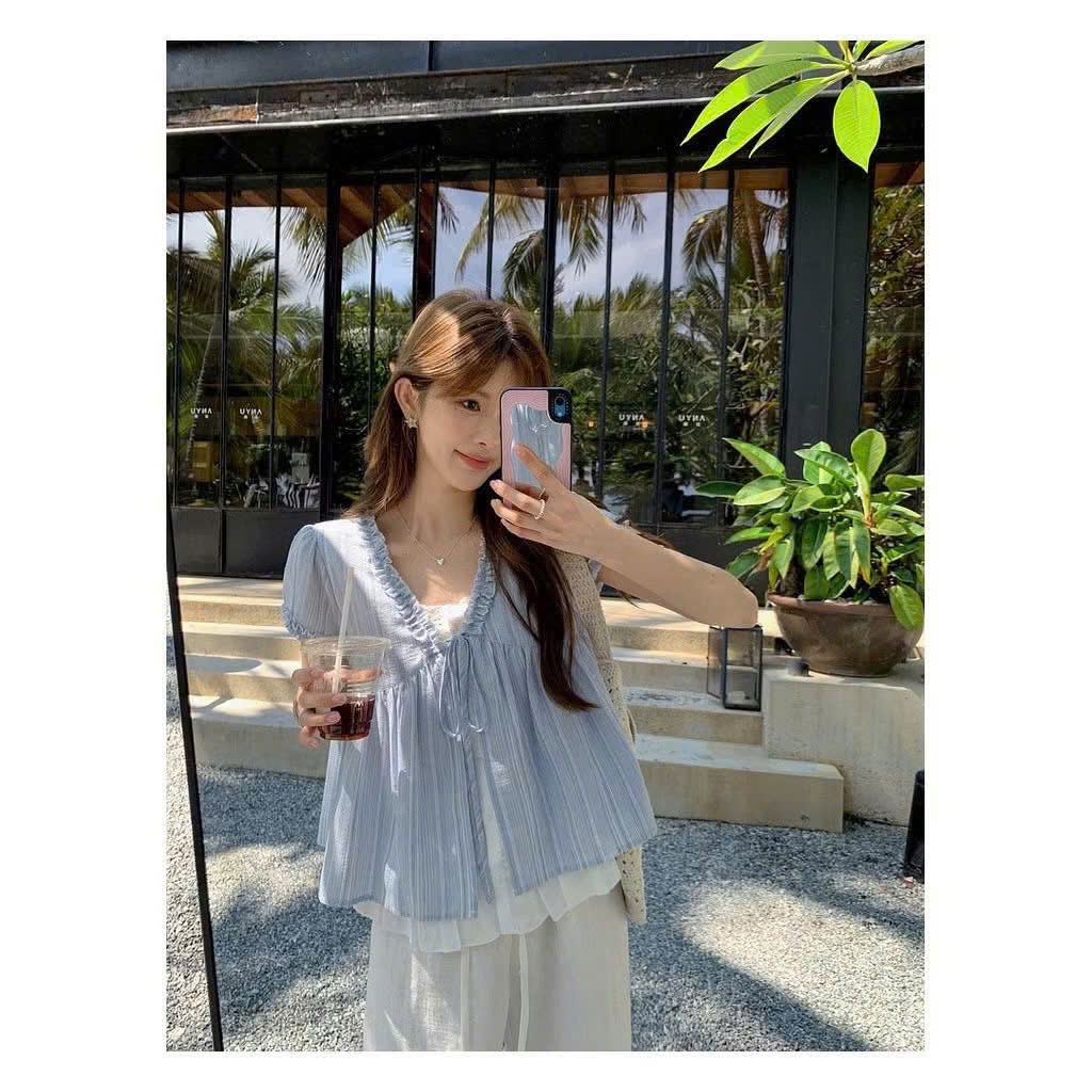 ️ BABYDOLL Puff-Sleeve LAYER SHIRT – KOREAN LADY STYLE ️