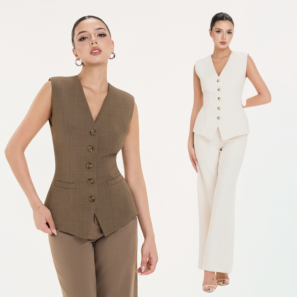RECHIC เสื้อเชิ้ตคอวีสํานักงานหรูหราแขนกุดเอวหยิก Hayti