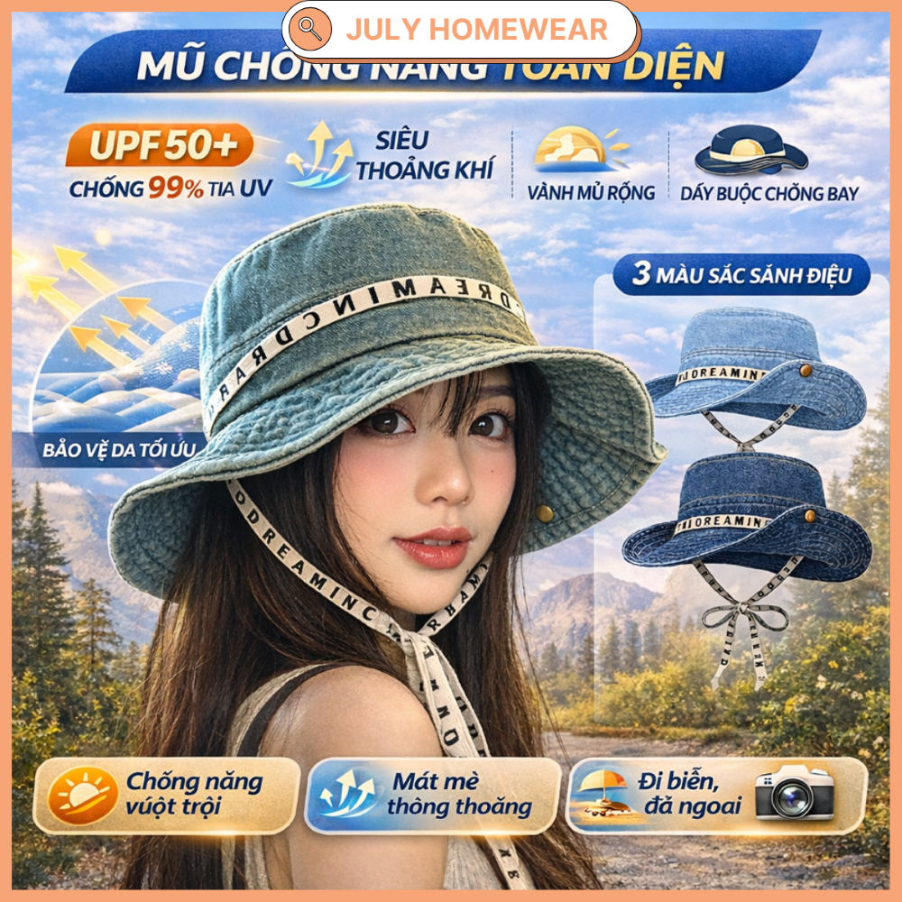 [MH2] UPF50+ ครีมกันแดด Denim Bucket Hat with Tie, Unisex Fashion Wide Brim Beach Hat