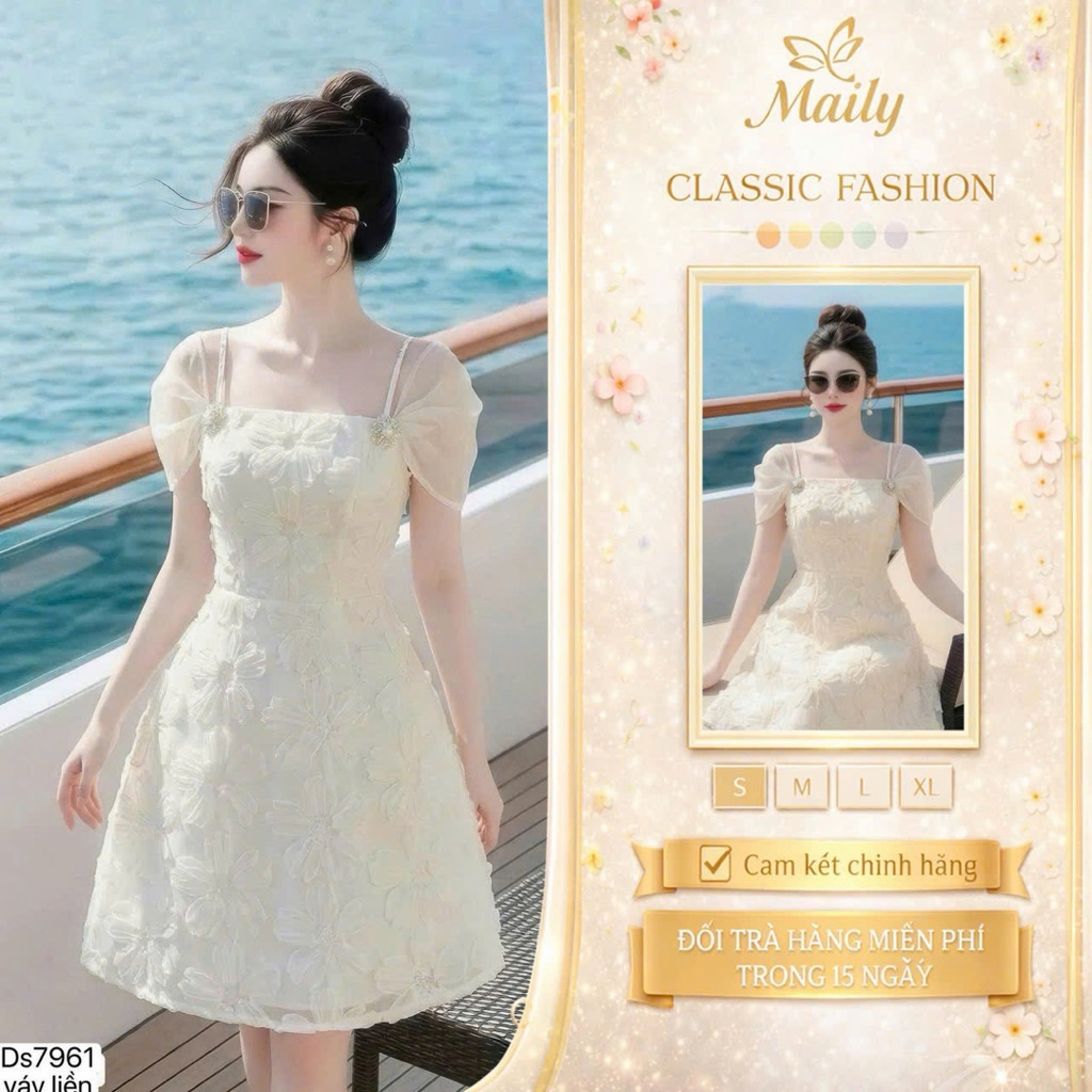 (จัดส่งทันที - ของแท้ dvc) ds7961 FLEUR DE LUNE dvc เดรสลูกไม้สีครีมเปิดไหล่ลายดอกไม้นูน - ชุดเดรส d