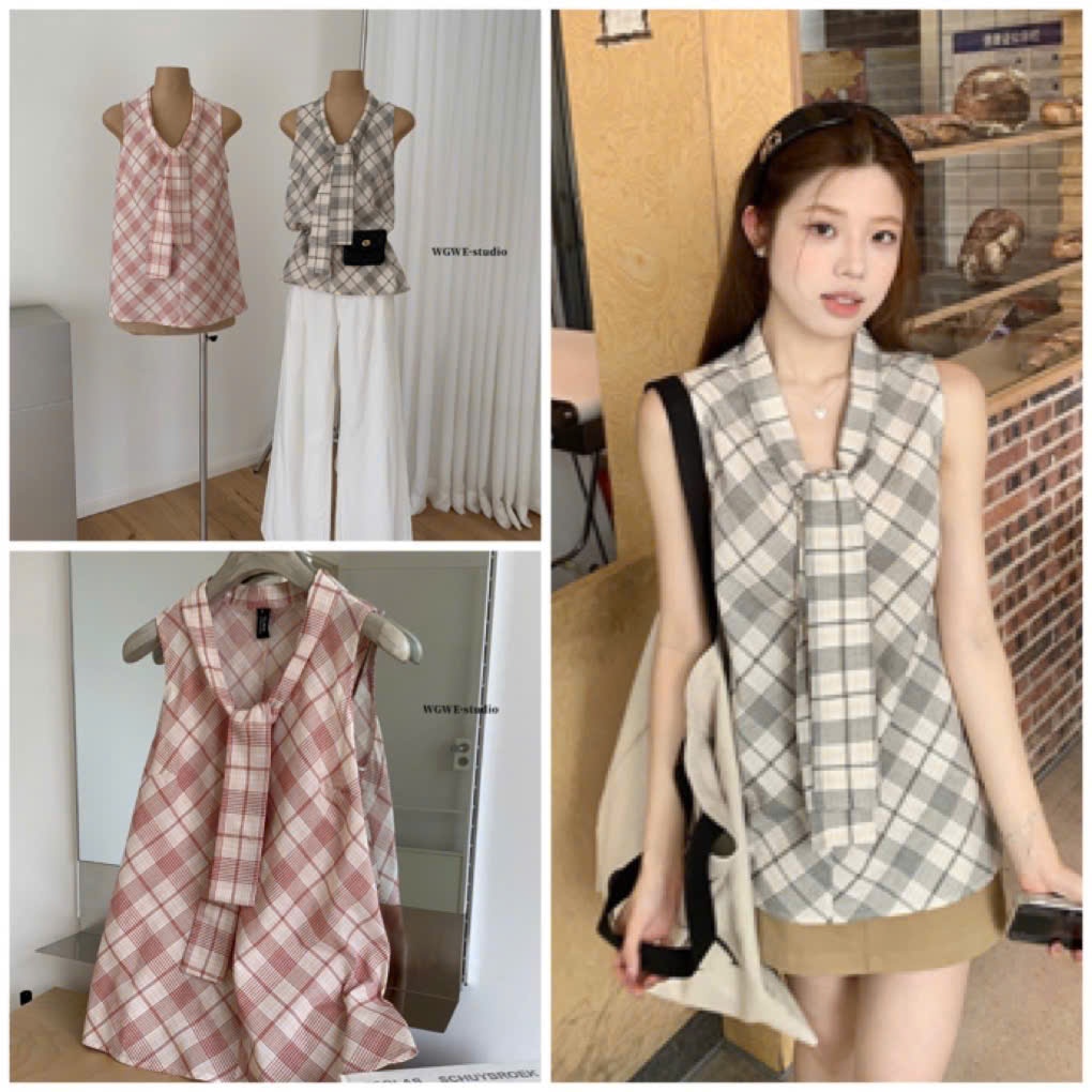 WGWE W9002 เสื้อกล้ามลายตารางหมากรุกและสาย 9002