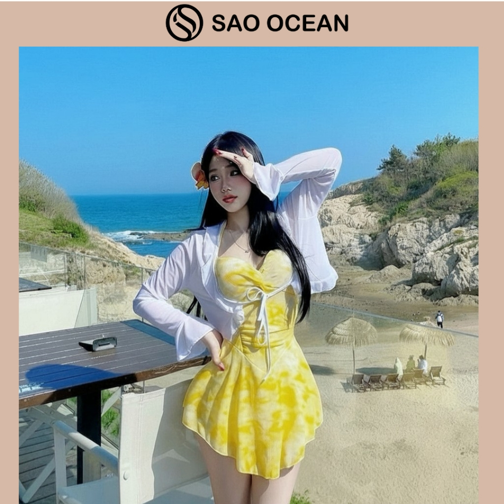 บิกินี่สีเหลือง Discreet ชุดพร้อมเสื้อคลุมชีฟองบาง ชุดชายหาดผู้หญิงคอนซีลเลอร์ B2M122