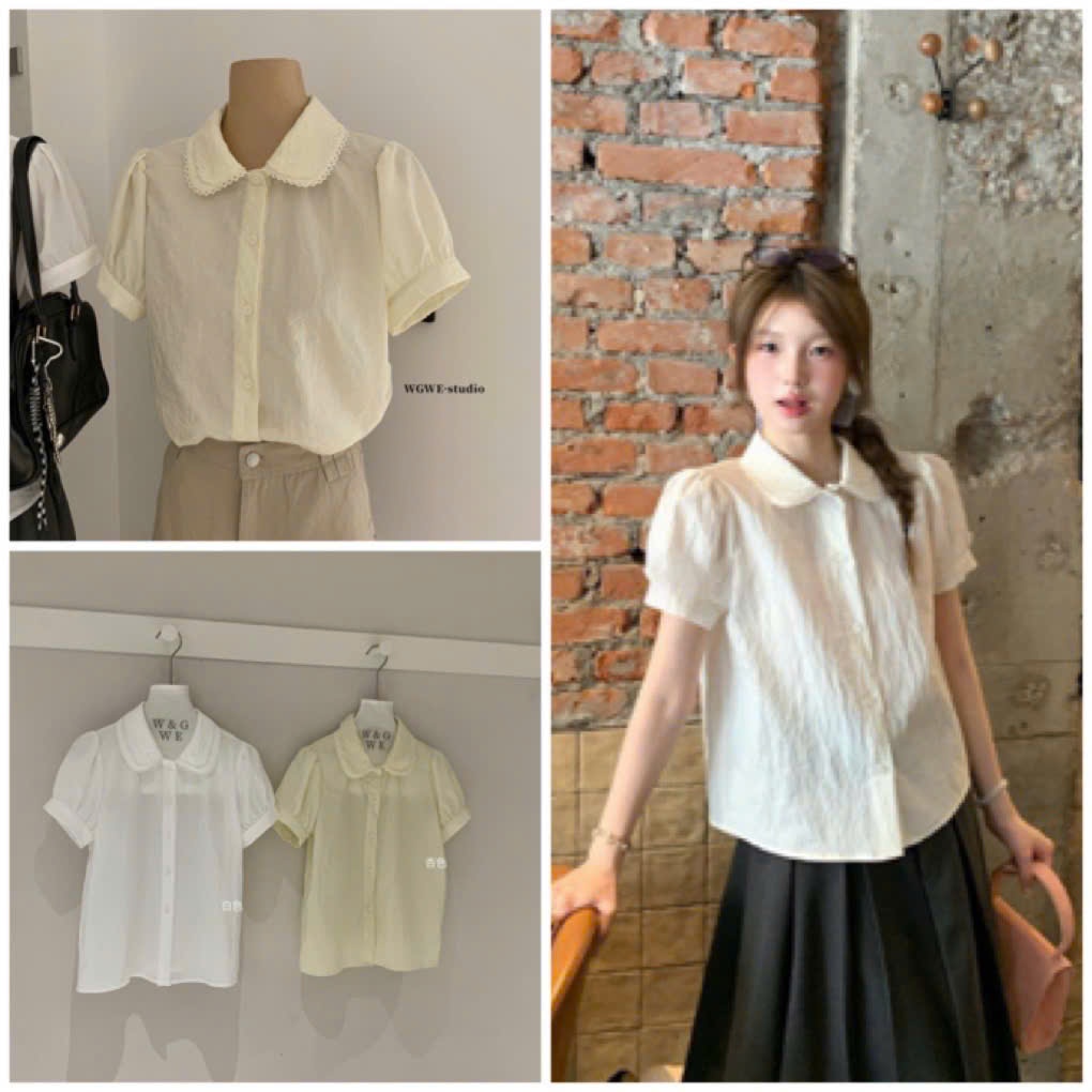 WGWE W9216 เสื้อเชิ้ตแขนสั้นคอกลมลายลูกไม้ 9216