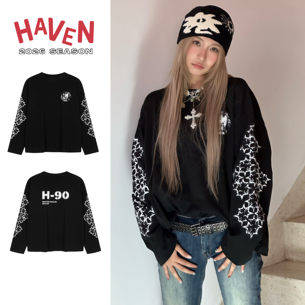 Haven Studio เสื้อยืดแขนยาวสําหรับผู้ชายและผู้หญิงทําจากผ้าฝ้าย 300gsm รูปแบบหลวม