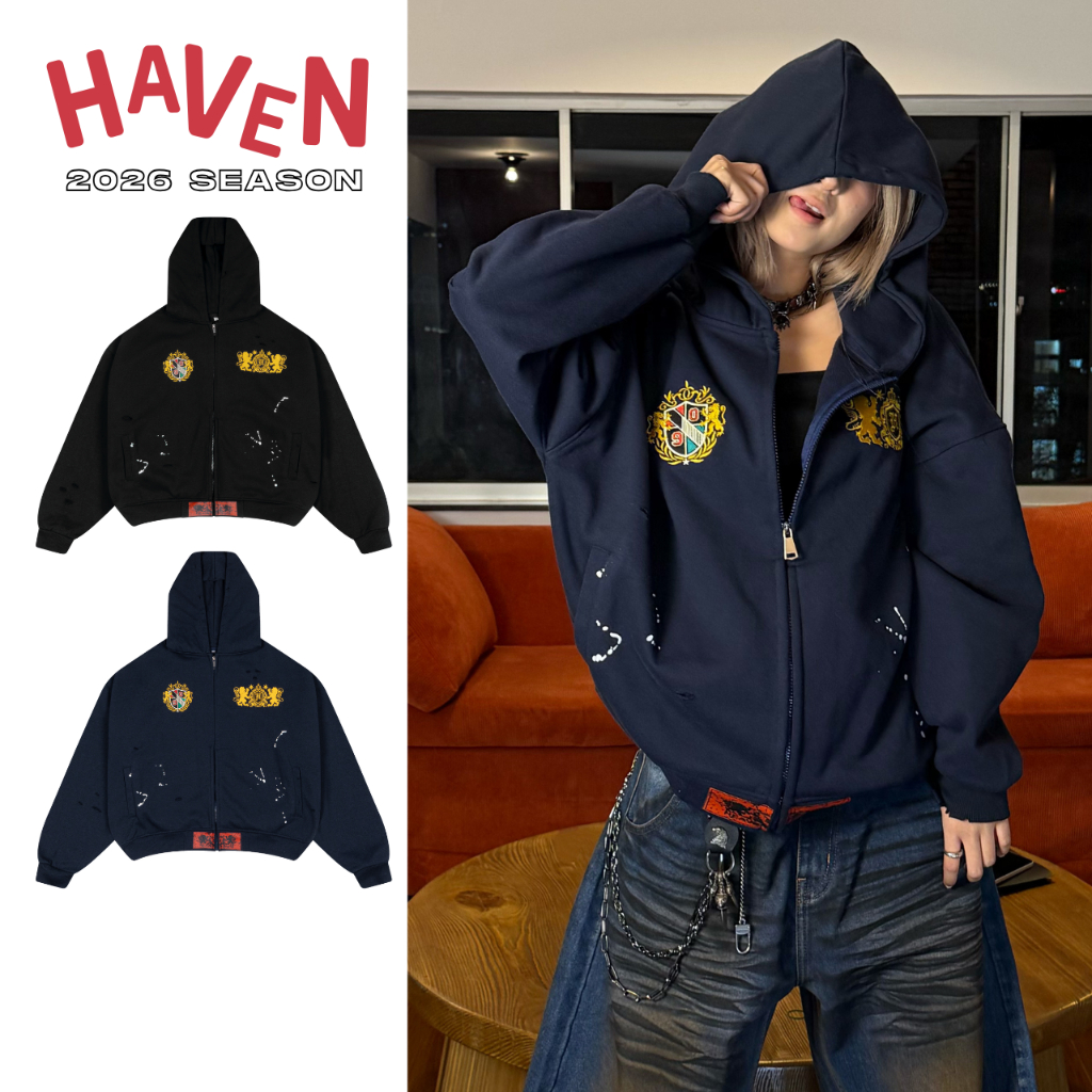 Haven Studio Zip Hoodie สําหรับผู้ชายและผู้หญิง แบบกล่อง ผ้าสักหลาดปูปัก สีน้ําเงินเข้ม และสีดํา