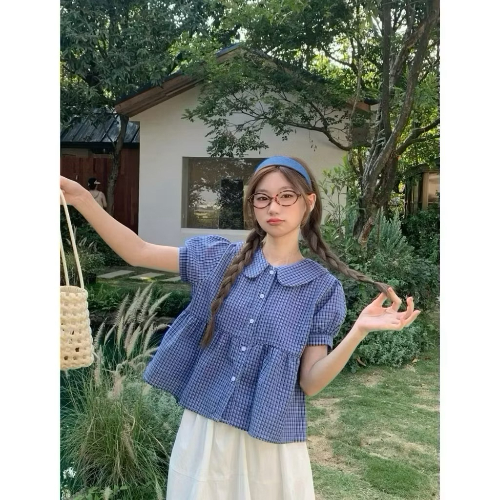 เสื้อลายสก๊อต Babydoll น่ารักคอปกจับจีบและแขนพัฟผ้า LUMI BOUTIQUE SMR40