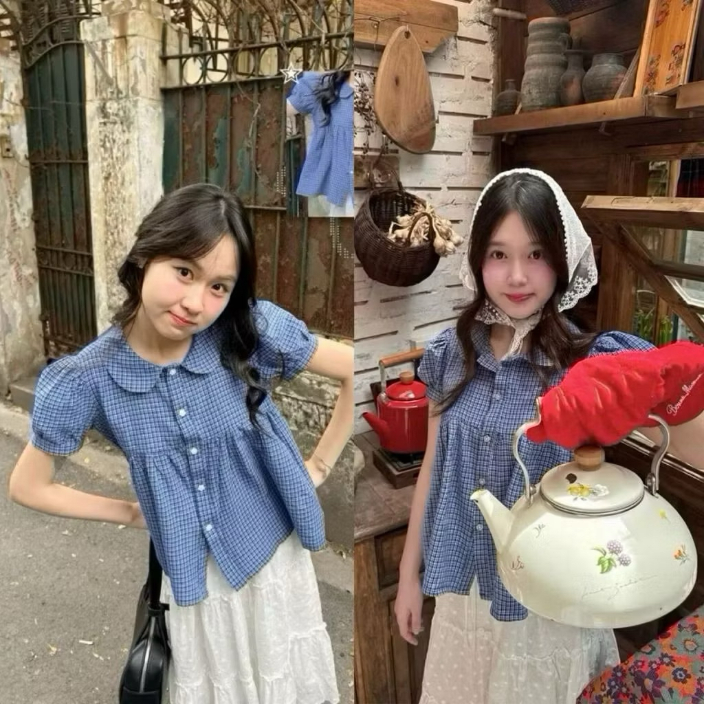 เสื้อลายสก๊อต Babydoll น่ารักคอปกจับจีบและแขนพัฟ LUMI BOUTIQUE SMR40