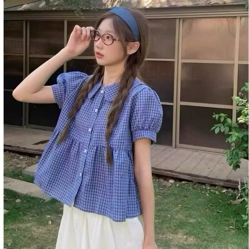 เสื้อเชิ้ตลายสก็อต Babydoll คอปกระบายแขนพอง LUMI BOUTIQUE SMR40