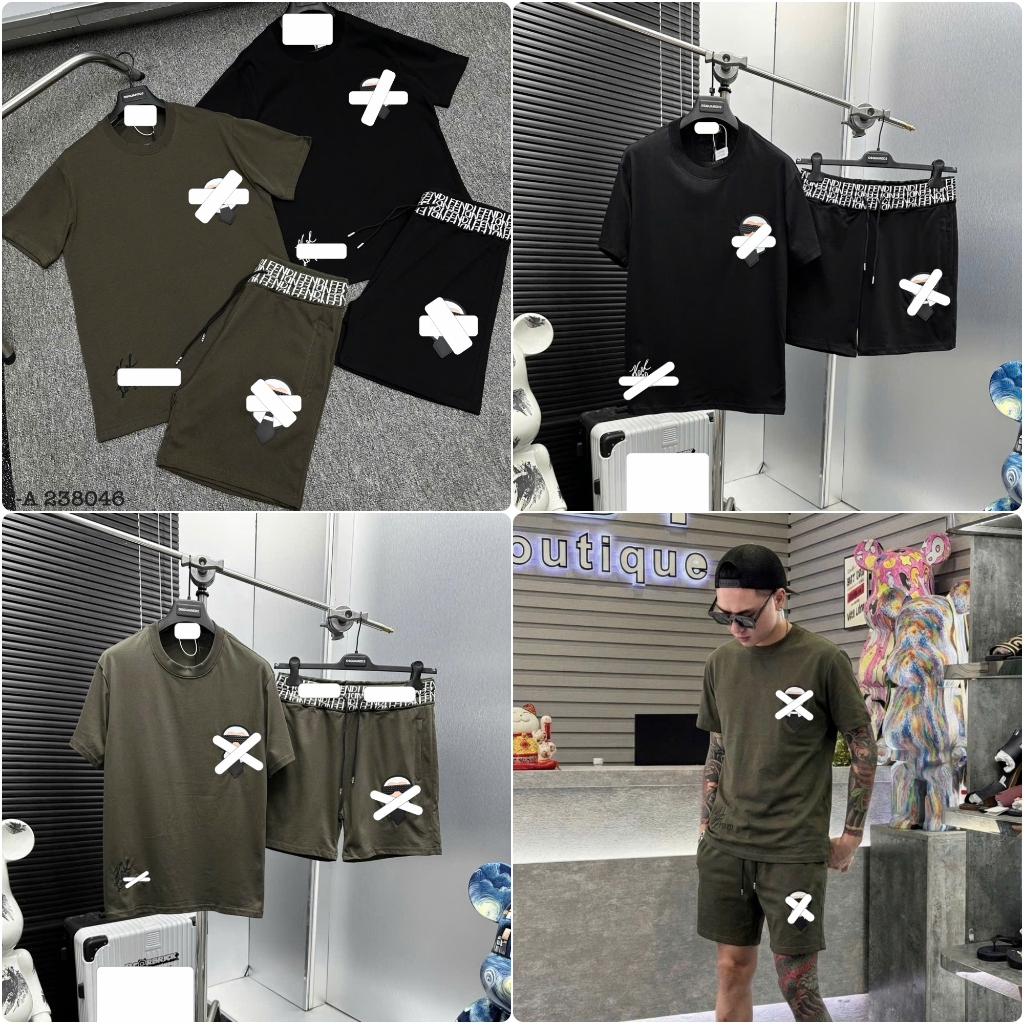 Cool Mens Fen.Go Summer Set มีโลโก้ปักและแว่นตาสวม - ชุดกางเกงขาสั้น Fen.Go คุณภาพสูงพร้อมโลโก้ปัก