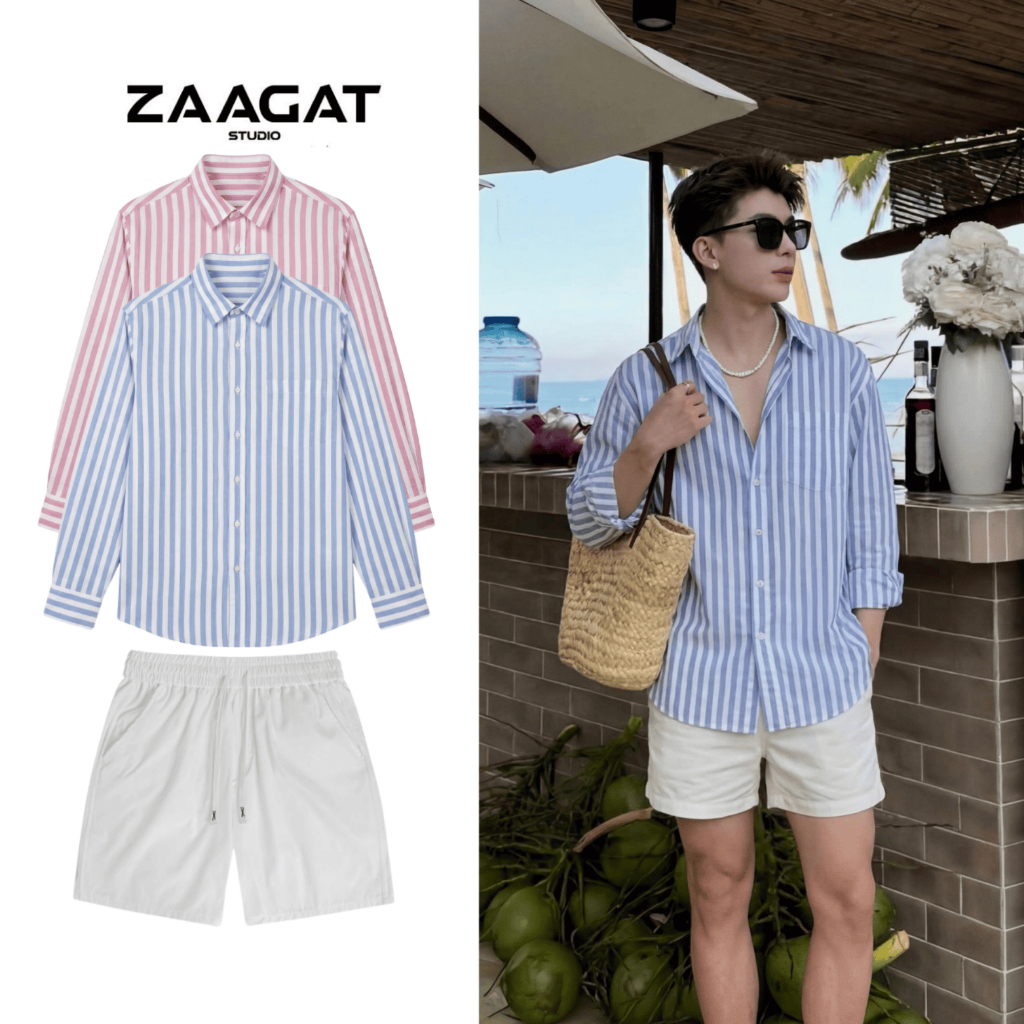 ซากาต เสื้อเชิ้ตผ้าลินินลายทางสีน้ําเงินทรงหลวมสําหรับผู้ชายเหมาะสําหรับชุดสตรีทและชายหาดสําหรับผู้ชายและผู้หญิง