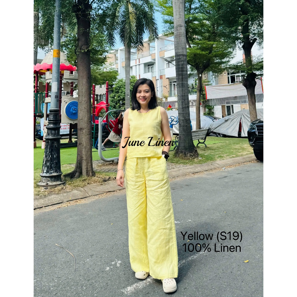 เบี้ยประกันภัย ชุดเซ็ตลินินพร้อมกางเกง30ขาเอวยางยืดผสมเสื้อกล้าม JUNE LINEN S19.