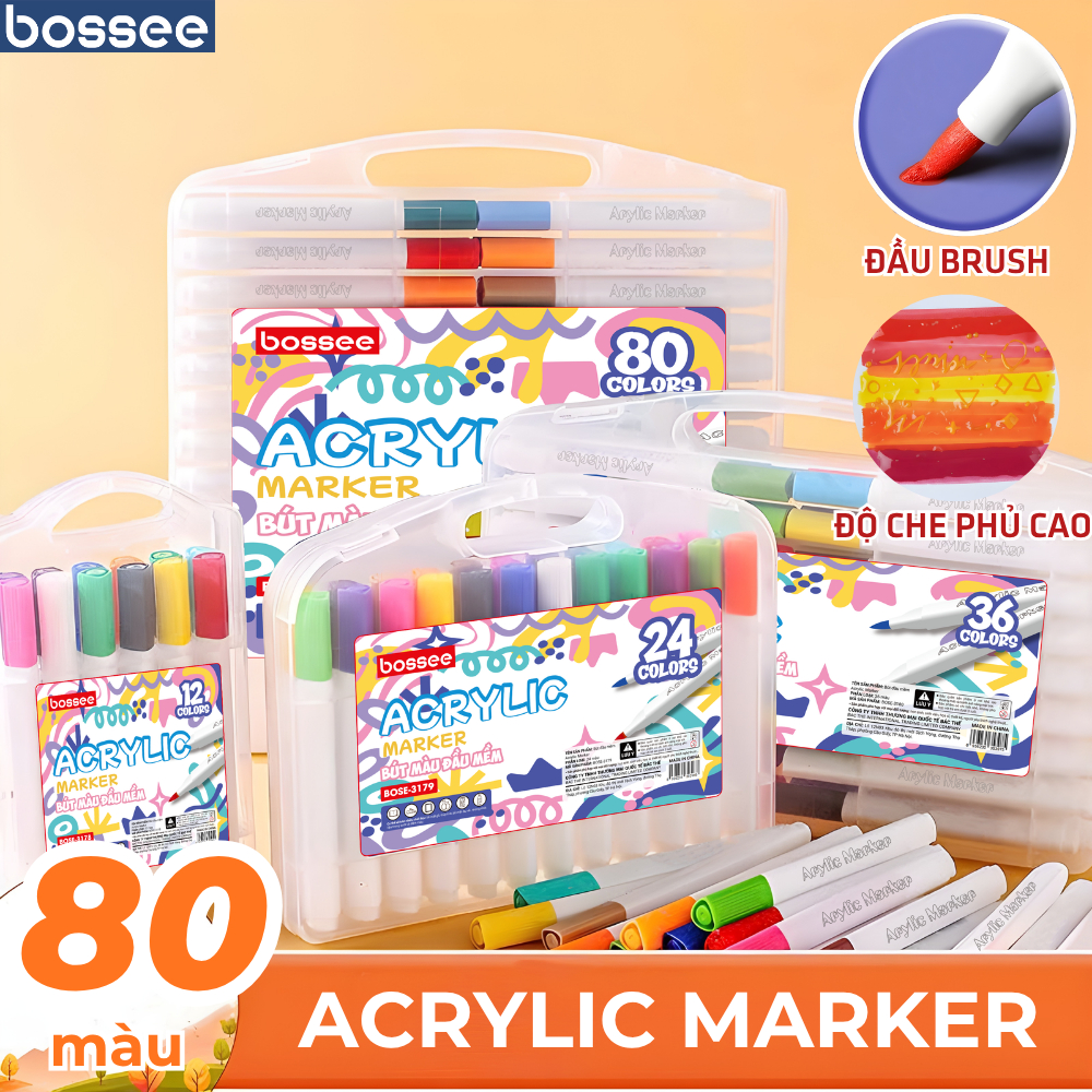 Bossee Acrylic Marker Soft Brush Head สีสดใส, Maker ปากกาสีจิตรกรรมบนวัสดุมากมาย