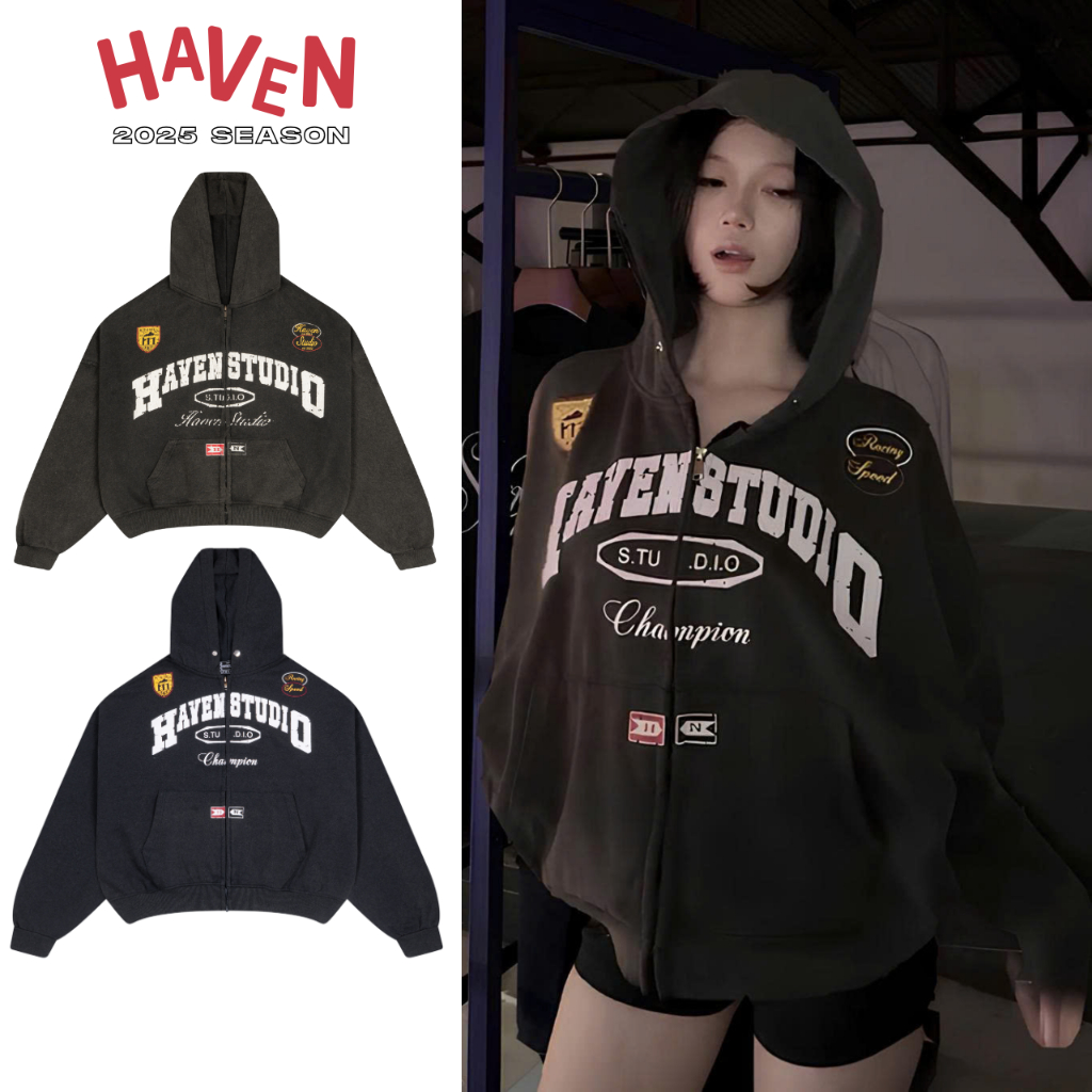 Wash Haven Studio เสื้อแจ็คเก็ตมีฮู้ดสําหรับผู้ชายและผู้หญิง แบบกล่อง ผ้าสักหลาดปูสีน้ําเงินสีดําและ