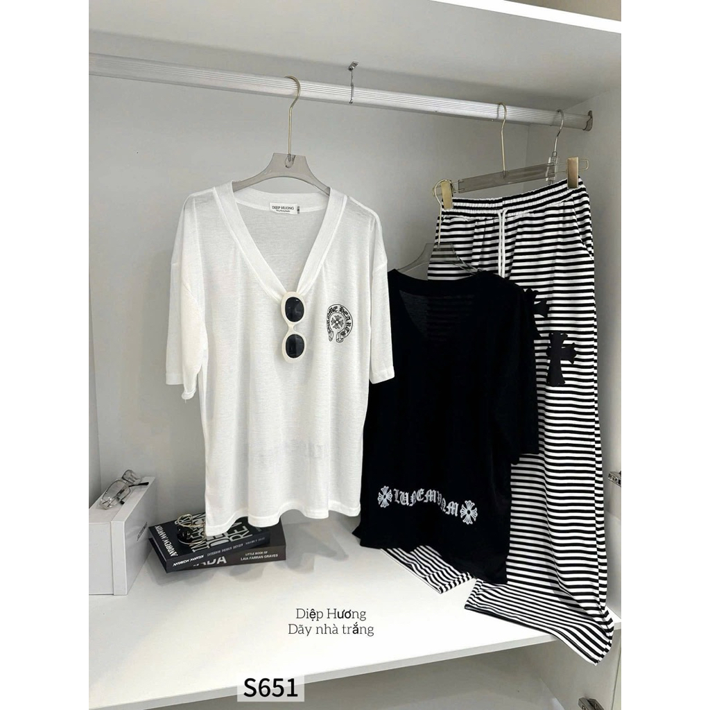 CROSS STRIPED SET (S651) ชุดยางยืดฟรีไซส์ 60-90kg - Bigsize เยนนนอค 60-90kg