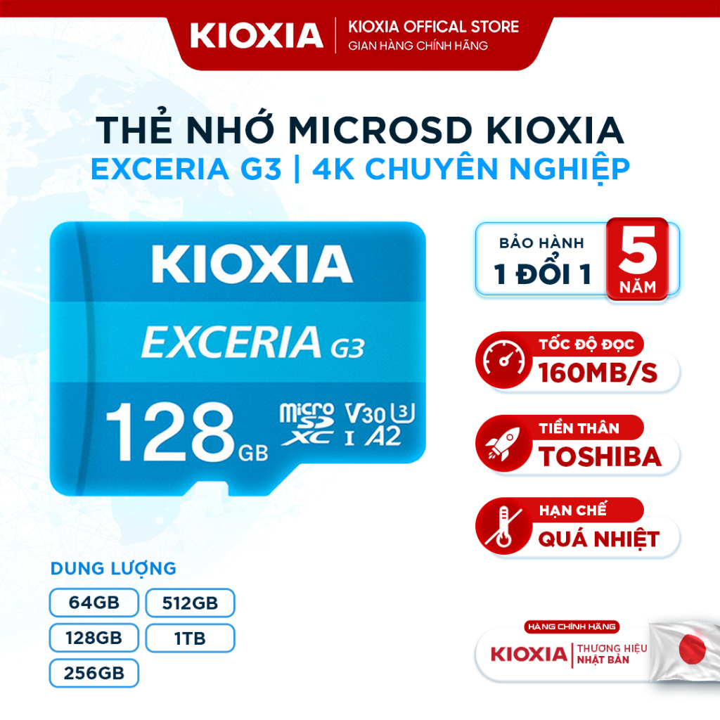 KIOXIA G3 การ์ดหน่วยความจํา microSDXC ที่ทนทานเป็นพิเศษ 128GB/256GB U3 V30 160MB/s สําหรับกล้อง สมาร