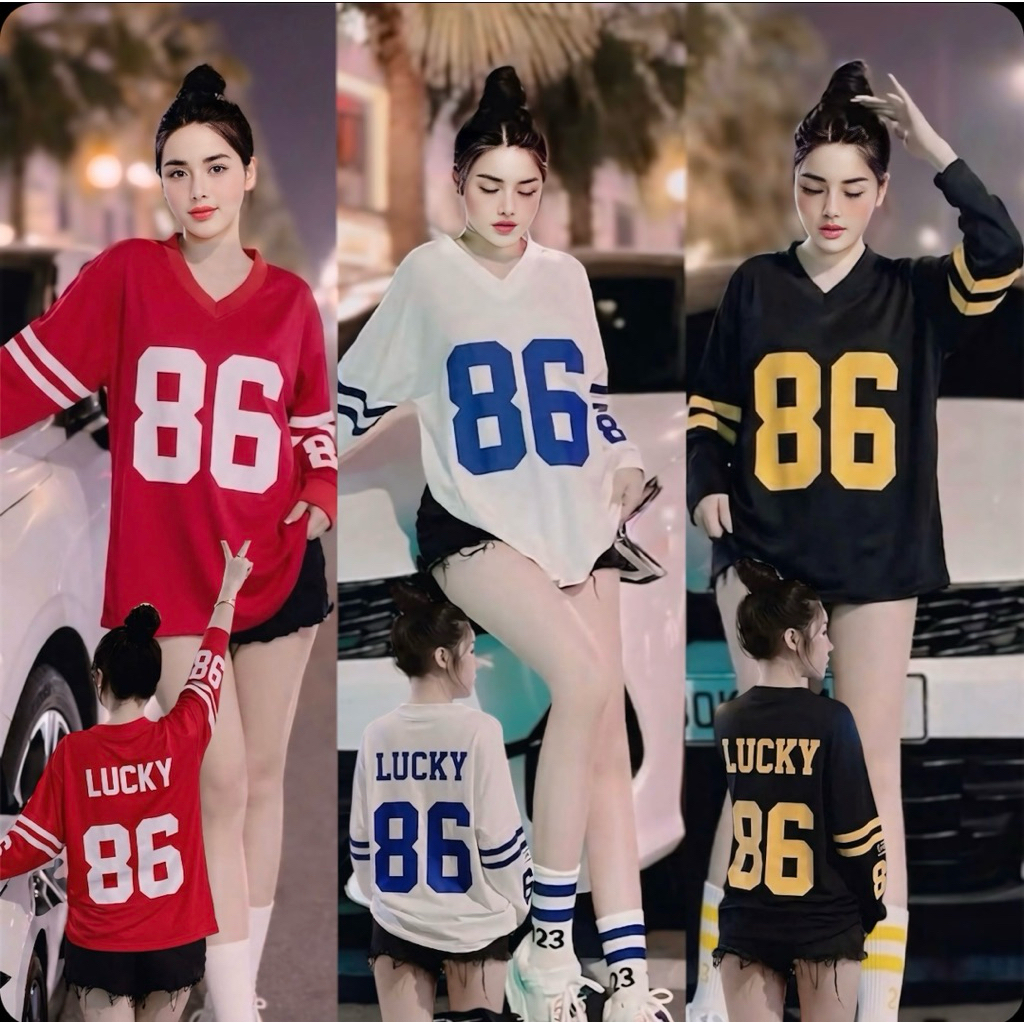 [รหัส A86] เสื้อยืด LONG-SLEEVE ผู้หญิง NO. 86 คําว่า LUCKY LUCKY ตลอดทั้งปี ผ้าฝ้ายเย็นสบาย