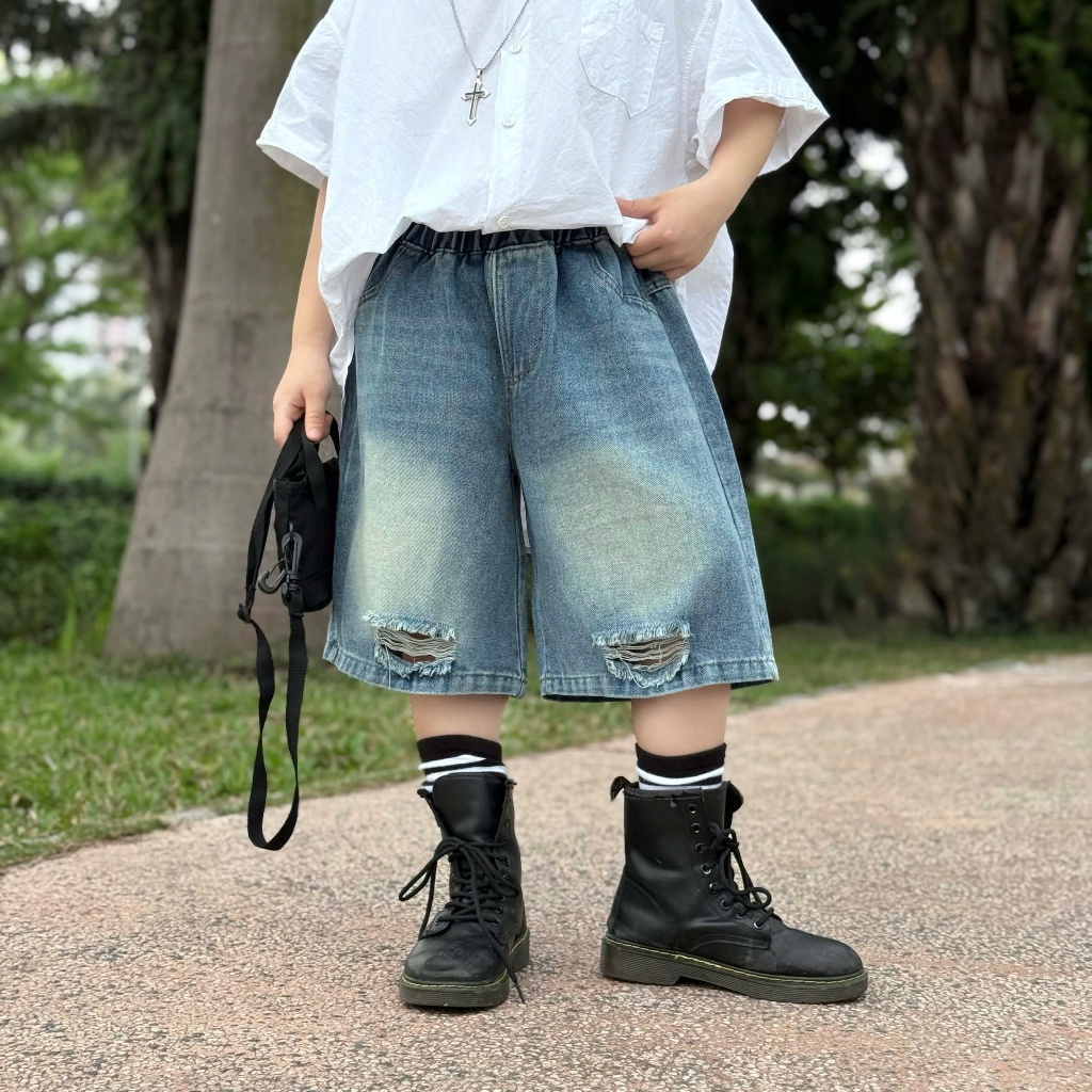 กางเกงขาสั้นเด็กชาย Jean กางเกงขาสั้น Ripped Size 15-38KG กระเป๋าคาดเอวแฟชั่นเด็กชายคุณภาพสูง [A01]