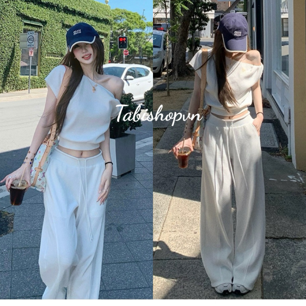ทาบิชอป ชุดเสื้อปาดไหล่และกางเกงเชือกผูก ชุดเสื้อผ้าผู้หญิงสุดหรูสําหรับการเดินทางในฤดูร้อนและออกไปข้างนอก (301)
