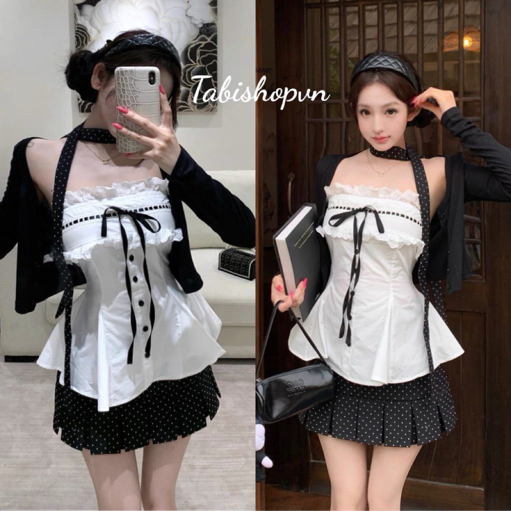 ชุด เสื้อเกาะอกมีโบว์และกระโปรงลายจุดพร้อมเสื้อแจ็คเก็ต TABISHOP ชุดชุดฤดูร้อนน่ารักสําหรับผู้หญิง hottrend (303)