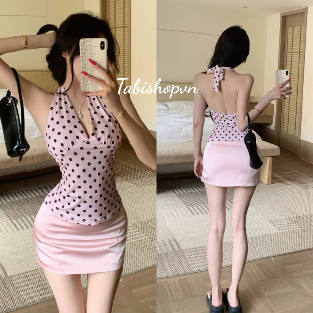 TABISHOP ชุดสายเดี่ยวลายจุดกระโปรงสั้นทรงสลิมสีชมพู ชุดเสื้อผ้าผู้หญิงสุดหรูสําหรับออกนอกบ้านในฤดูร้อน (305)
