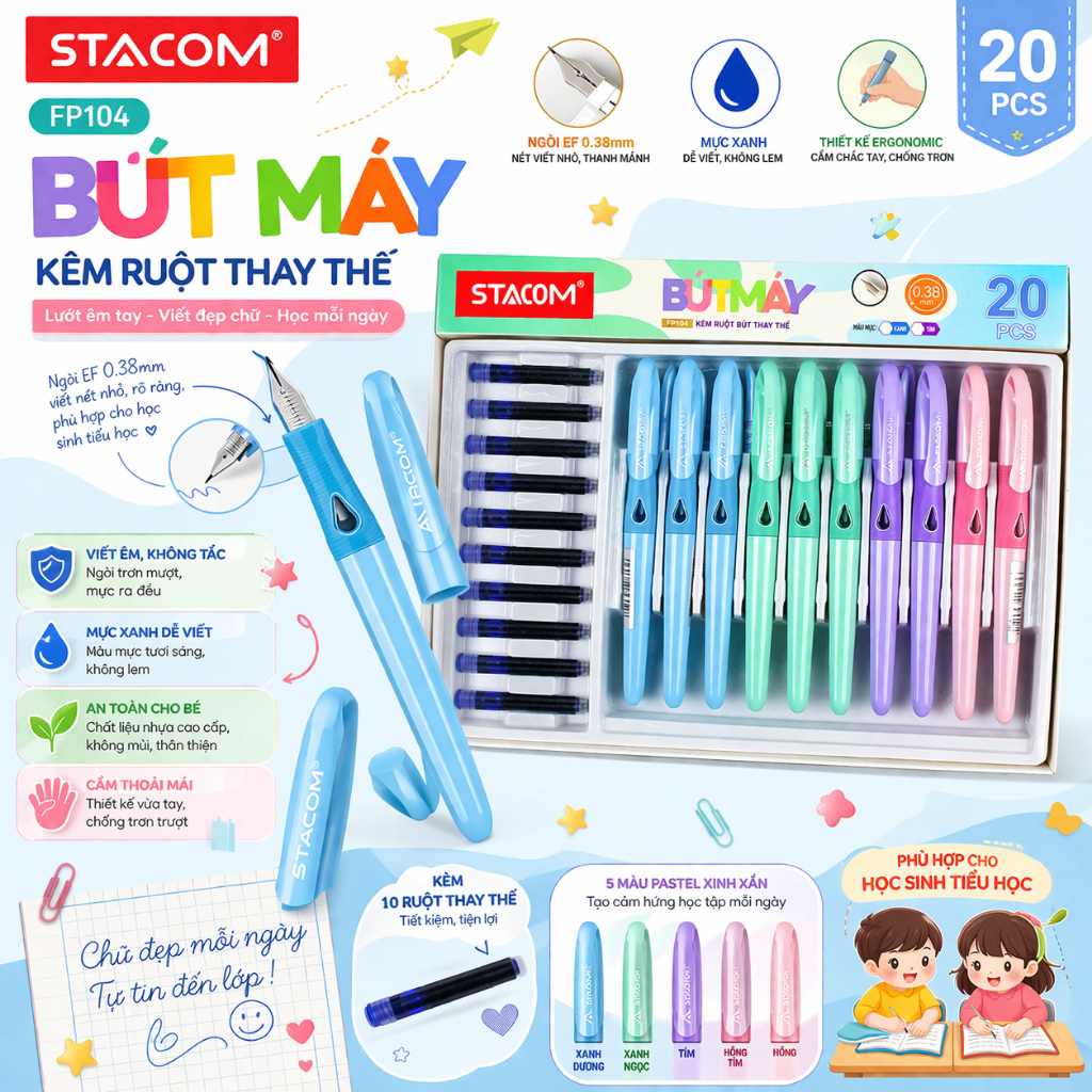 ตอน 0.38 ปากกาหมึกซึมปลายปากกาสําหรับนักเรียนชั้นประถมศึกษา มาพร้อมปั๊มและตลับหมึก | สเตคอม FP104