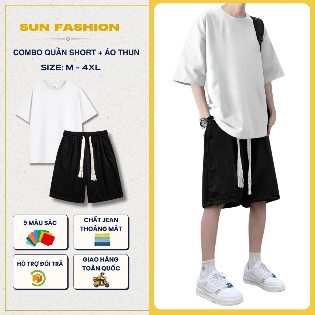 [กางเกงขาสั้น COMBO jean + เสื้อยืดสีพื้น] SUN S2 ชุดเสื้อผ้าผู้ชายและผู้หญิงสีดําพร้อมเสื้อยืดพื้นฐ