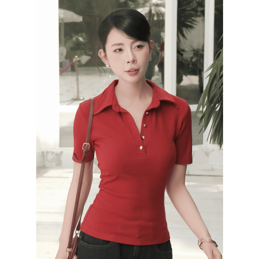 SUGUS AT01 เสื้อยืดคอปกโปโล ทําจากผ้าจั๊มยืดสุดคูล ครีม/ดํา/แดง ไซส์ S/M.