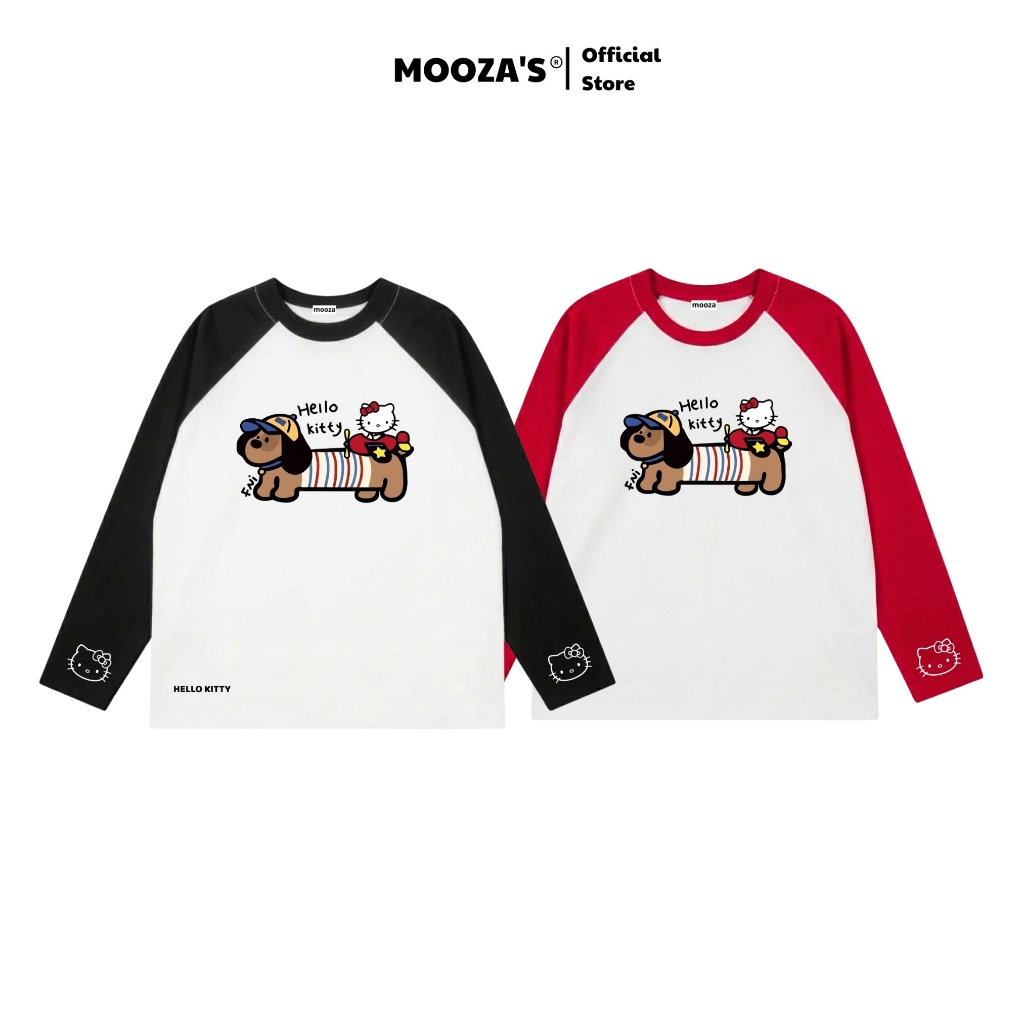 Hello Kitty x Dachshund Dog Form Boxy Oversize เสื้อยืด Raglan แขนยาว Unisex - ผ้าฝ้าย 100% พรีเมี่ยมมาก