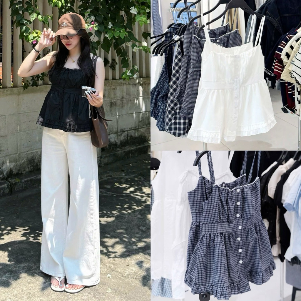 (OLDSCHOOL PHOTO) LILI TOP เสื้อเชิ้ตลายสก๊อตลายดอกไม้ฤดูร้อน 2 ชิ้น