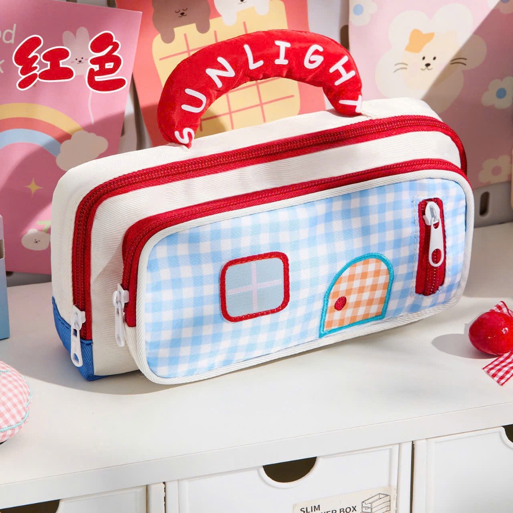 Cute Checkered House-shaped Pen Box - Handy School Bag