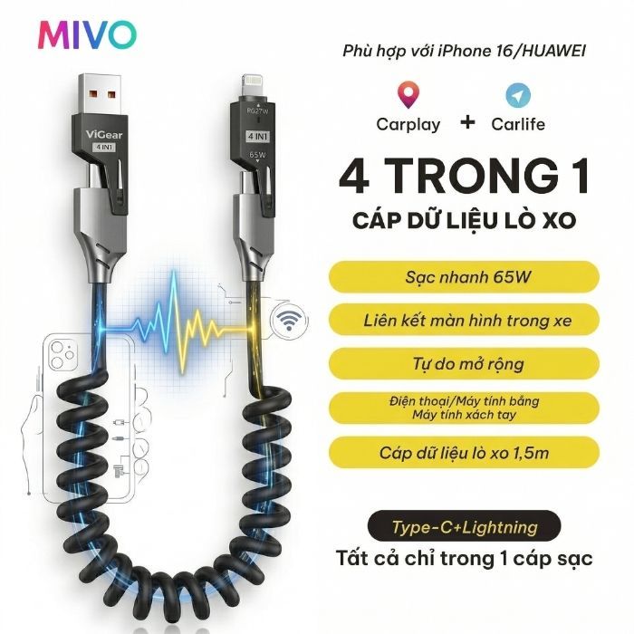 XO สายชาร์จสปริงมัลติฟังก์ชั่น 4-in-1 แสนสะดวกสําหรับโทรศัพท์,..., ความยาว 1 ม., การชาร์จ PD CL 12W,