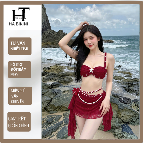 [มีจําหน่ายใน HCM] HTK Beach Bikini ชุดลูกไม้อ่อน 3 ชิ้น JEWELED BLOUSE งานฝีมือคุณภาพสูง HA BIKINI 