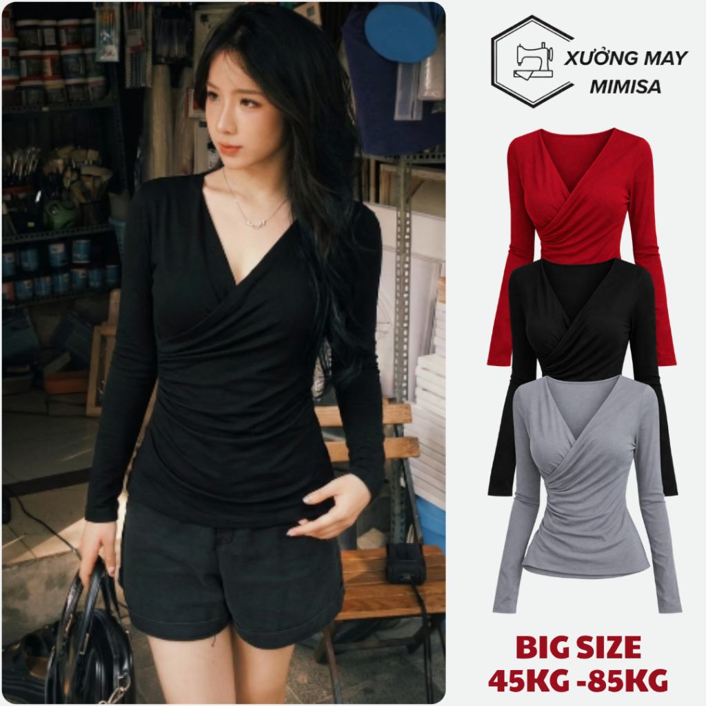 MIMISA ผู้หญิงแขนยาว V คอจีบเสื้อยืดน้ําหนักเบา Slim รูปแบบครอบคลุม Belly Flattering ขนาดใหญ่ 45 กก.