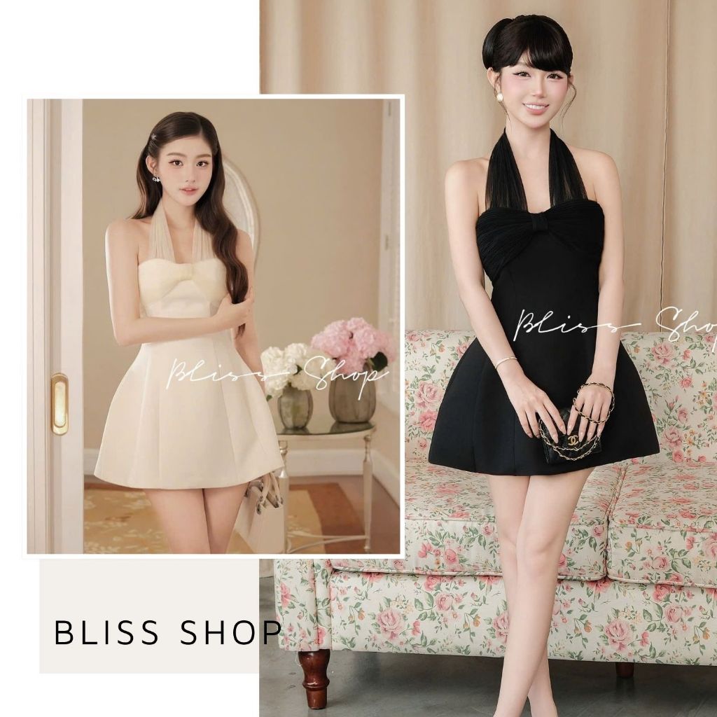 [การออกแบบระดับไฮเอนด์] Bliss Shop ชุดเดรสเลดี้ปาร์ตี้หรูหราพร้อมปกโบว์และเดรสคอปกโบว์ตาข่าย - V789