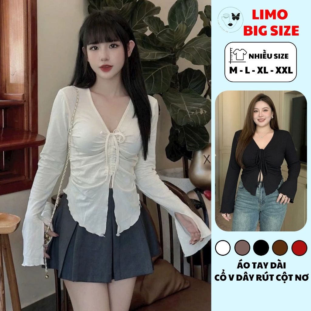 ขนาดใหญ่เสื้อยืดผู้หญิง 45-85 กก.แขนยาว V คอ Drawstring Ribbed ยืดหยุ่นน่ารัก Slim Fit LiMo MS065