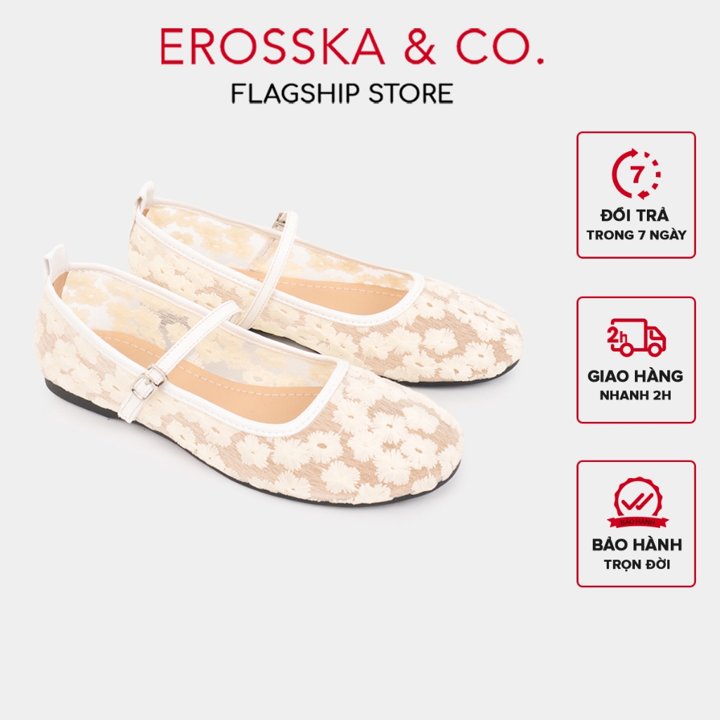 EROSSKA - รองเท้าบัลเล่ต์คอร์ผู้หญิงมีตาข่ายและสายรัดดอกไม้ สีครีมพื้นฐาน - EL125