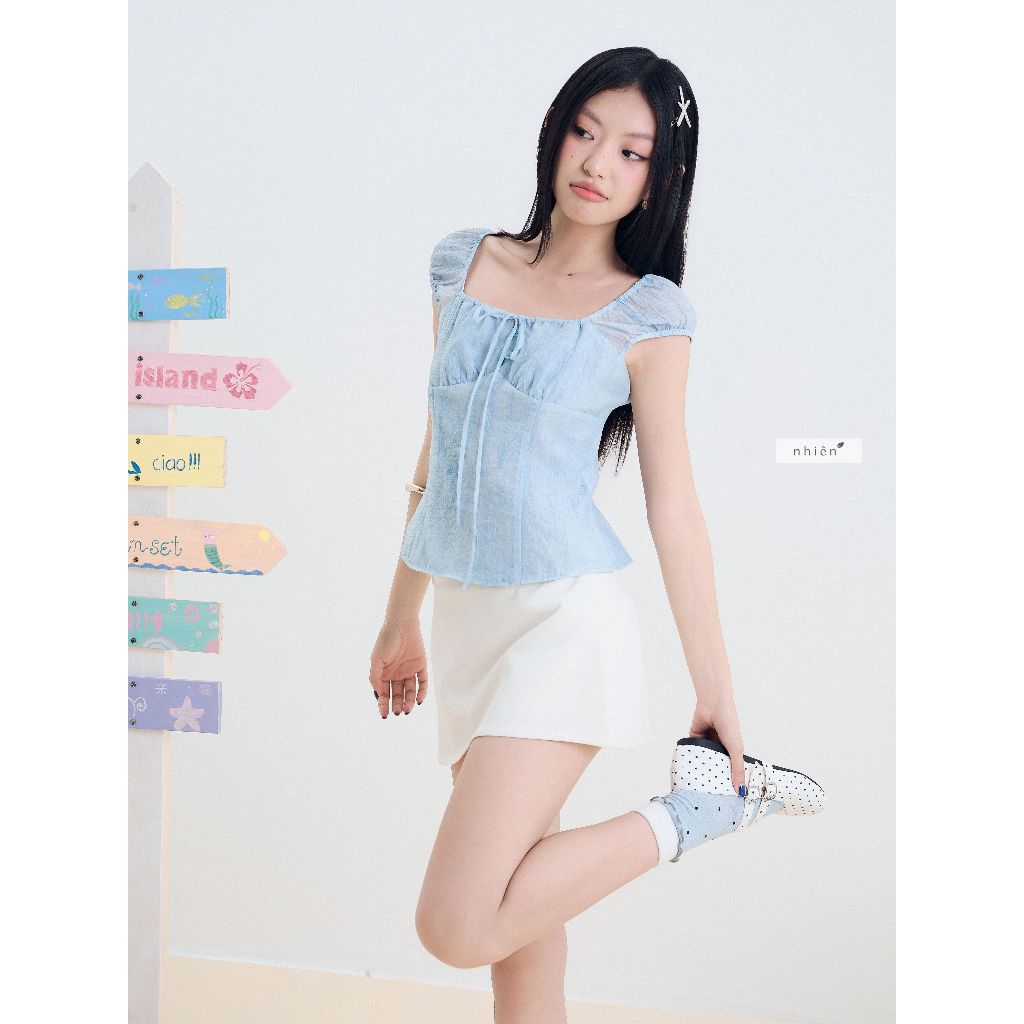BlueBell - เสื้อเบลาส์คอเหลี่ยมผู้หญิงผูกโบว์ nhien.official NAS00055