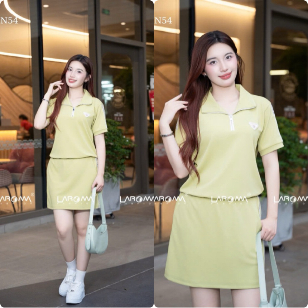 Laroma BN54 Spring Summer Womens Clothing Set - กระโปรงทรงเอพร้อมเสื้อโปโลไดนามิก ยางยืดคุณภาพสูง
