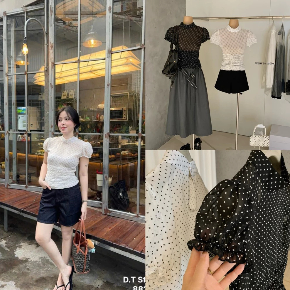 Bun222 Polka Dot Blouse – Flattering Waist 3 นิ้ว Collar Blouse, Cute Korean Womens Blouse