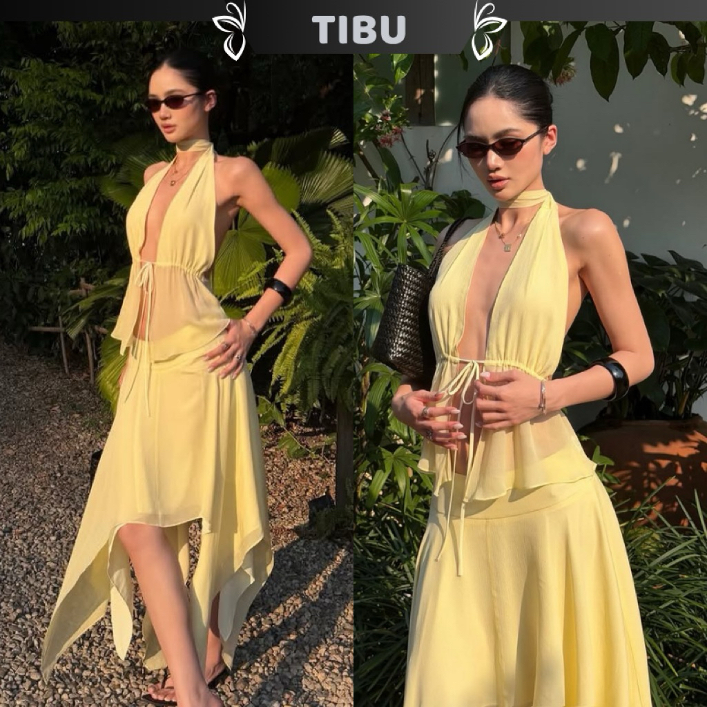 TIBU - ชุดคอปกสายเดี่ยวเปลือยพร้อมกระโปรงบานพู่แฟนซีสําหรับฤดูร้อนชายหาดออกนอกบ้าน B726