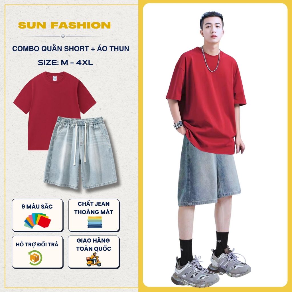 [กางเกงขาสั้น COMBO jean + เสื้อยืดสีพื้น] SUN S2 Wash ชุดเสื้อผ้าผู้ชายและผู้หญิงสีฟ้าอ่อนพร้อมเสื้