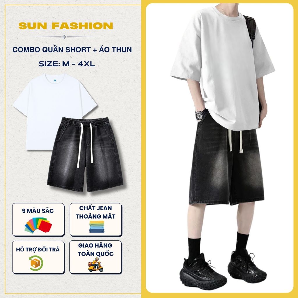 [COMBO jean กางเกงขาสั้น + เสื้อยืดสีพื้น] SUN S2 Smoke Black Wash ชุดเสื้อผ้าผู้ชายและผู้หญิงพร้อมเ