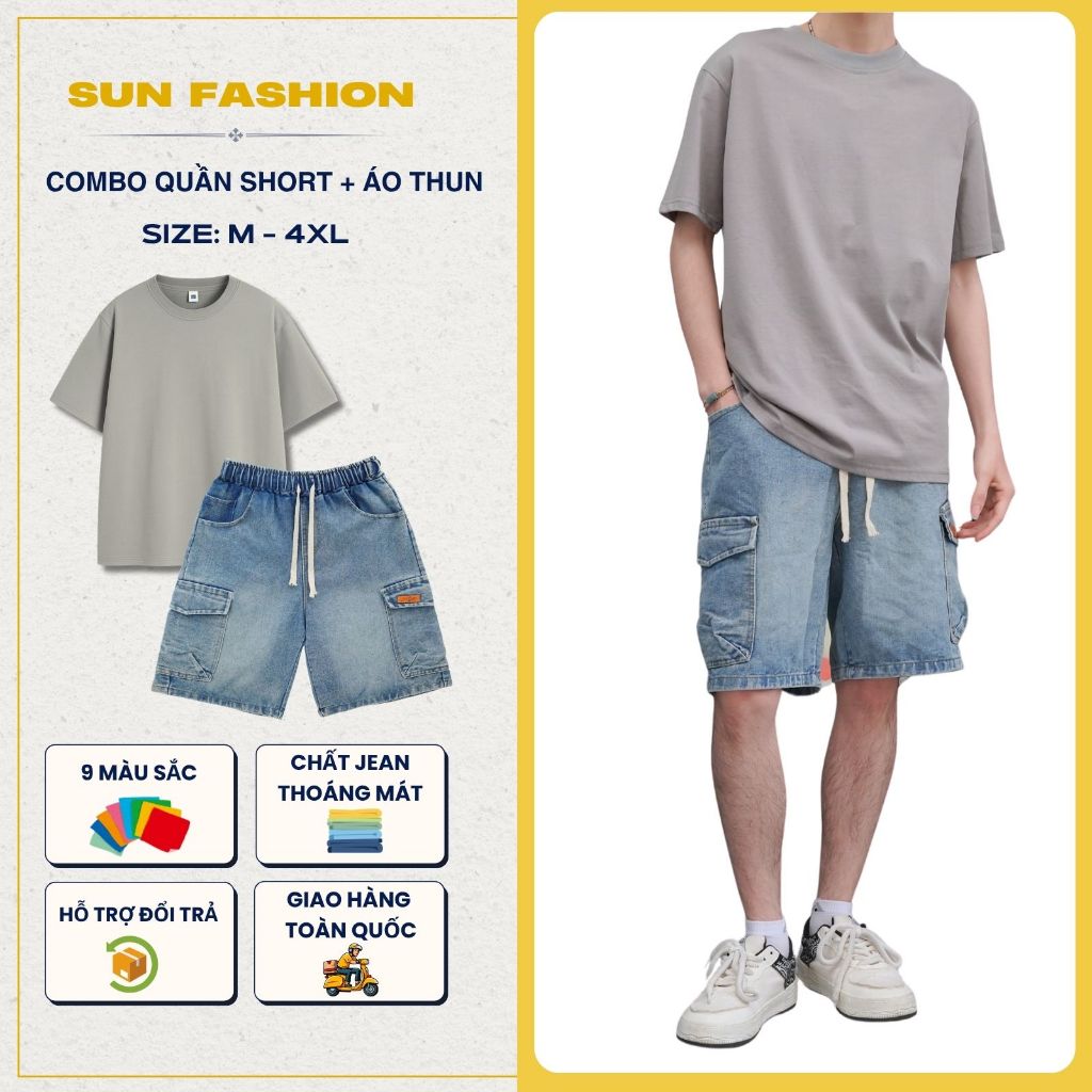 [COMBO jean กางเกงขาสั้น + เสื้อยืดสีพื้น] SUN S2 ชุดเสื้อผ้าผู้ชายและผู้หญิงกล่องกระเป๋าสีน้ําเงินพ