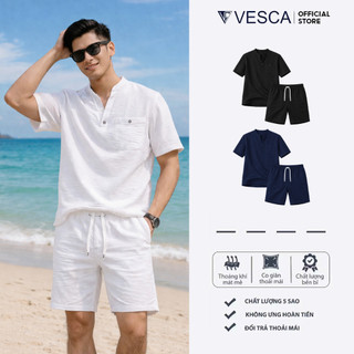 Bộ Quần Áo Nam Vesca Đũi Vân Mây Cao Cấp Set Đồ Nam Cộc Tay Cổ V Chống Nhăn Thoáng Mát J66