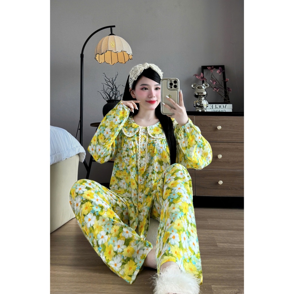ชุดผ้าลินิน, Tole Home Wear Set กางเกงคอปกลูกไม้ F21 VNXK 45-75kg, tole หนังสองชั้นที่เนียนและเย็น
