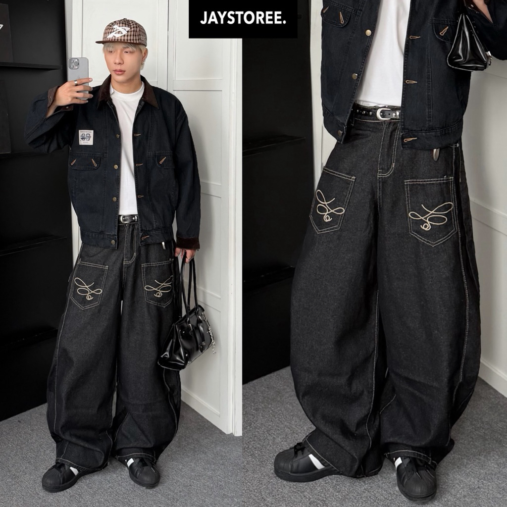 JAYSTOREE DOUBLE Jeans - กางเกงยีนส์ธรรมดาฟอกในรูปแบบวาด Unisex สําหรับผู้ชายและผู้หญิง - กางเกงยีนส์ขากว้าง