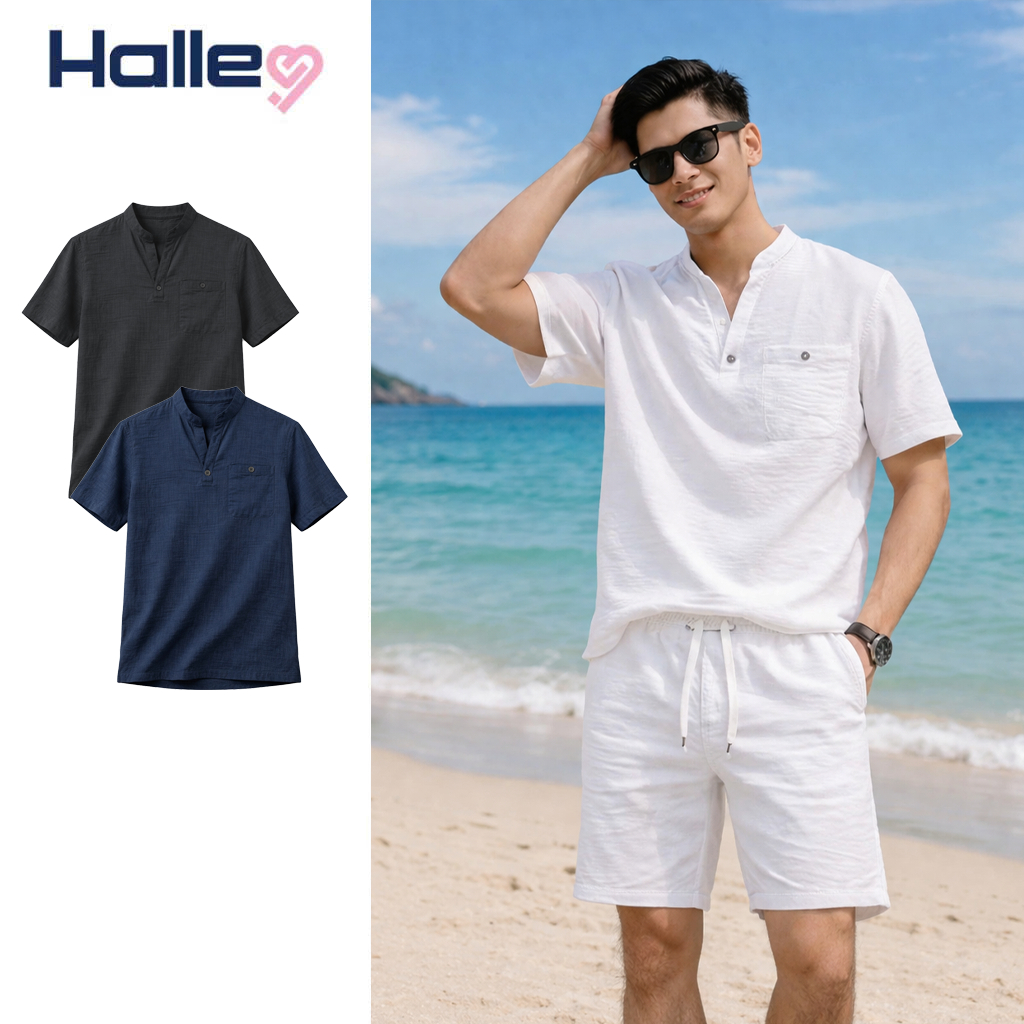 Halley Summer Cool Vneck Blazer เสื้อเชิ้ตชายหาดแขนสั้นผู้ชาย A59